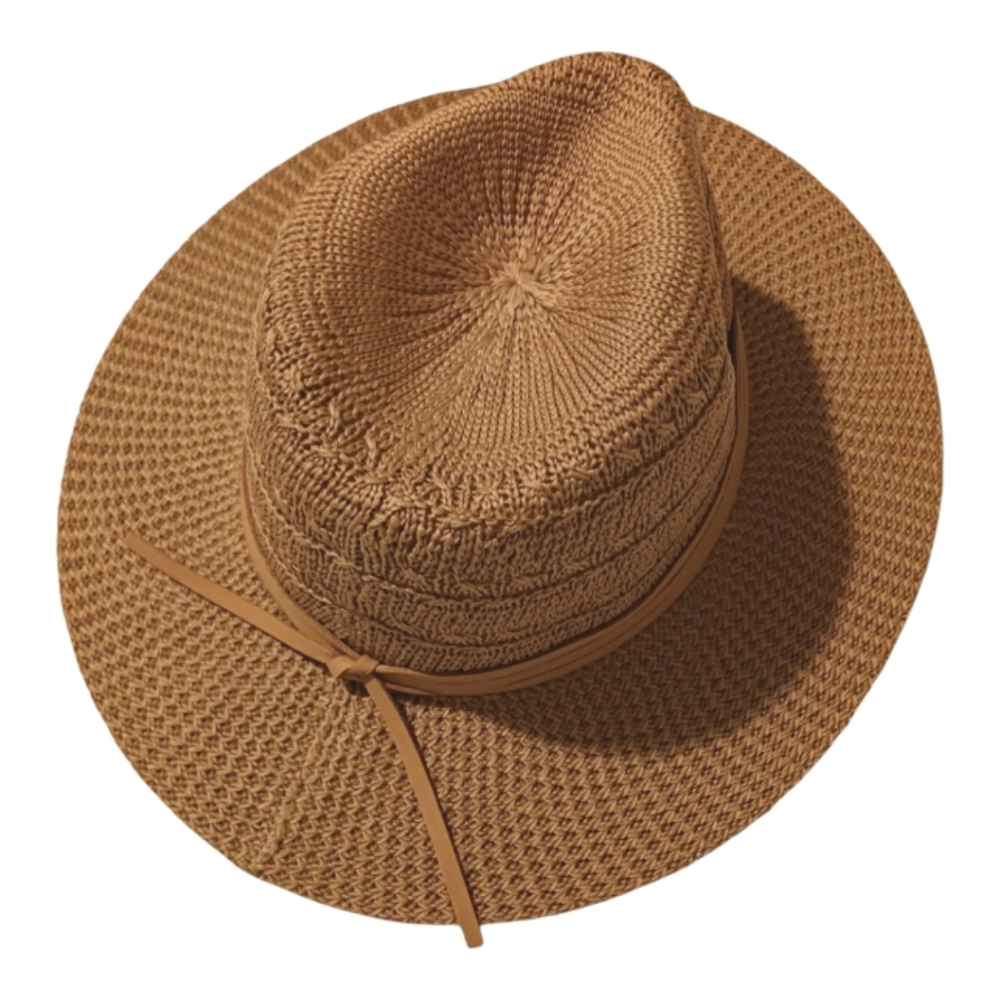Straw Tan Boho Cowboy Summer Hat With Leather Tie Strings Osfa